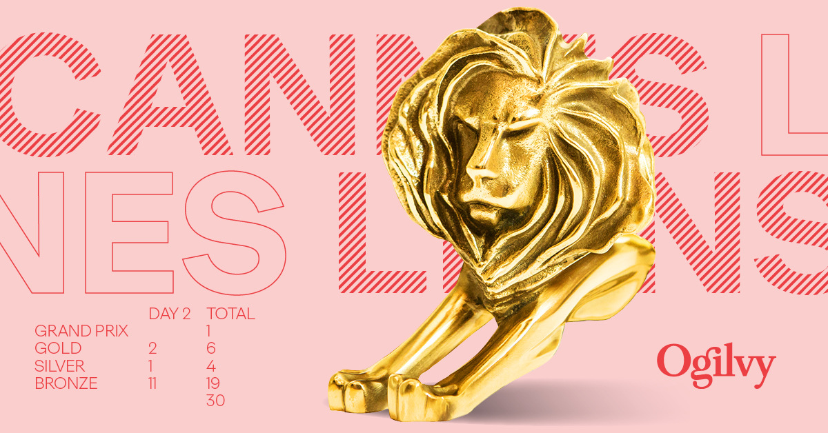 Pink graphic with Ogilvy Cannes on it and a large gold Cannes Lions trophy. In lower left corner is a chart with Ogilvy's cannes lions performance thus far.