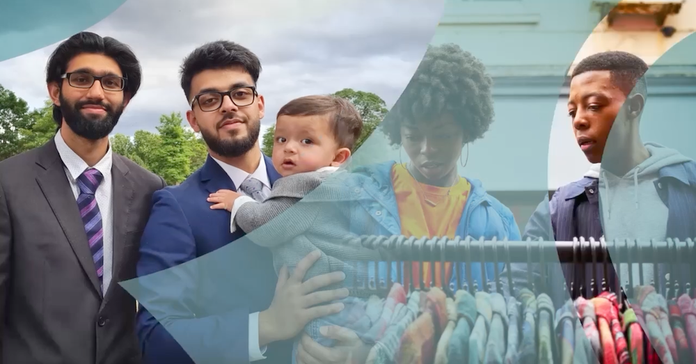 Photo of two men and a young child, side by side with another photo of a man and woman shopping