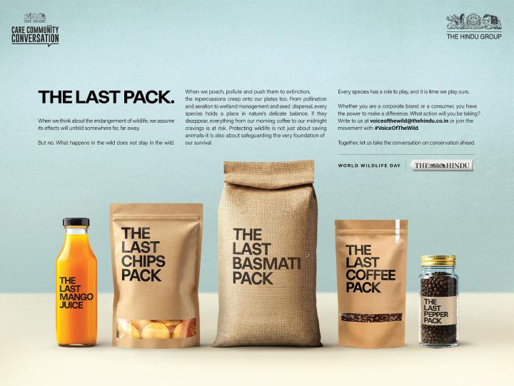 Visual ad for campaign. Black copy: The Last Pack. At the botom, sitting in a row side by side, are a bottle that says "The Last Mango Juice", a sack that says "The Last Chips Pack", a sack that says "The Last Basmati Rice Pack", a sack that says "The Last Coffee Pack", and a small glass jar that says "The Last Peppss jer Pack"  